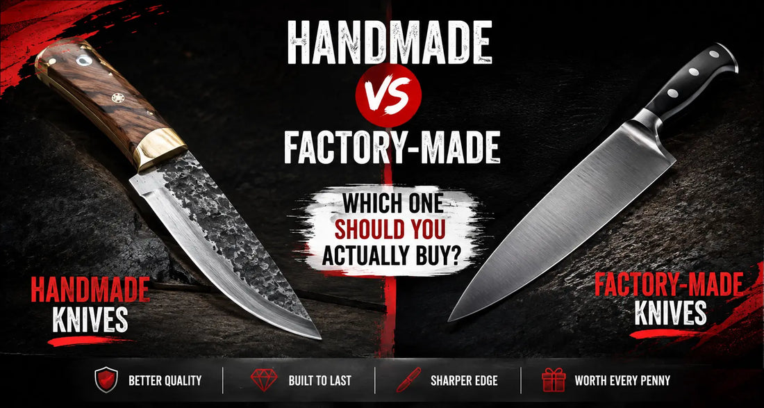 Handmade vs factory-made knives comparison showing hand forged and factory-made knives
