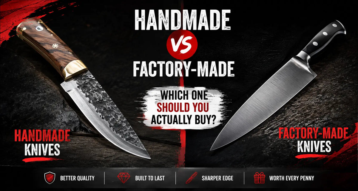 Handmade vs factory-made knives comparison showing hand forged and factory-made knives