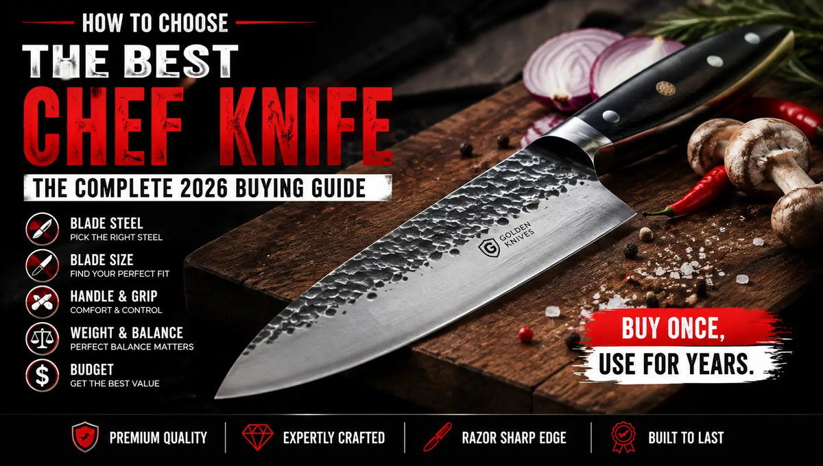How to choose the best chef knife in 2026, featuring a realistic handmade chef knife and key buying factors