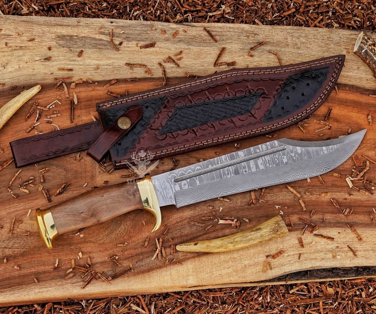 Handmade bowie knife collection with D2 and Damascus steel blades, full tang construction, and leather sheaths