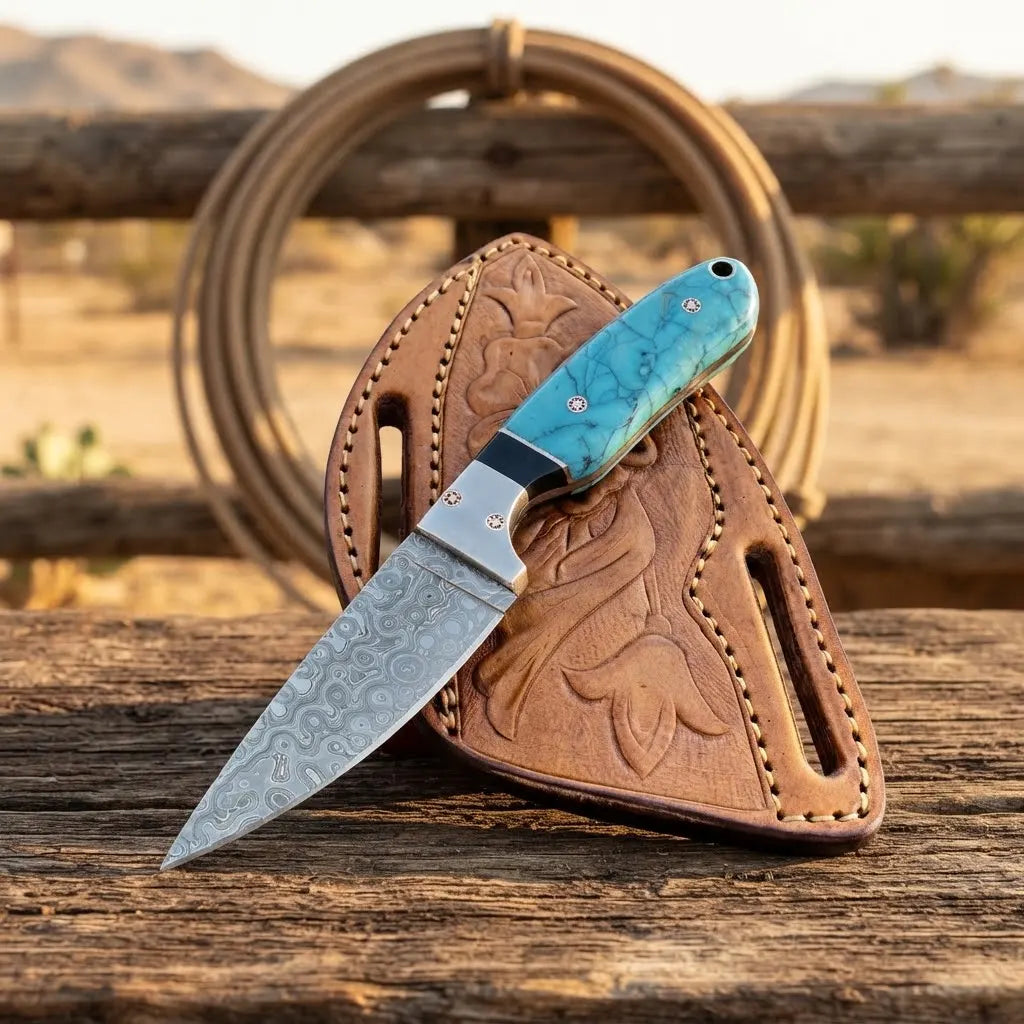 Handmade cowboy knife collection with Damascus and rasp steel blades, natural handles, and leather sheaths