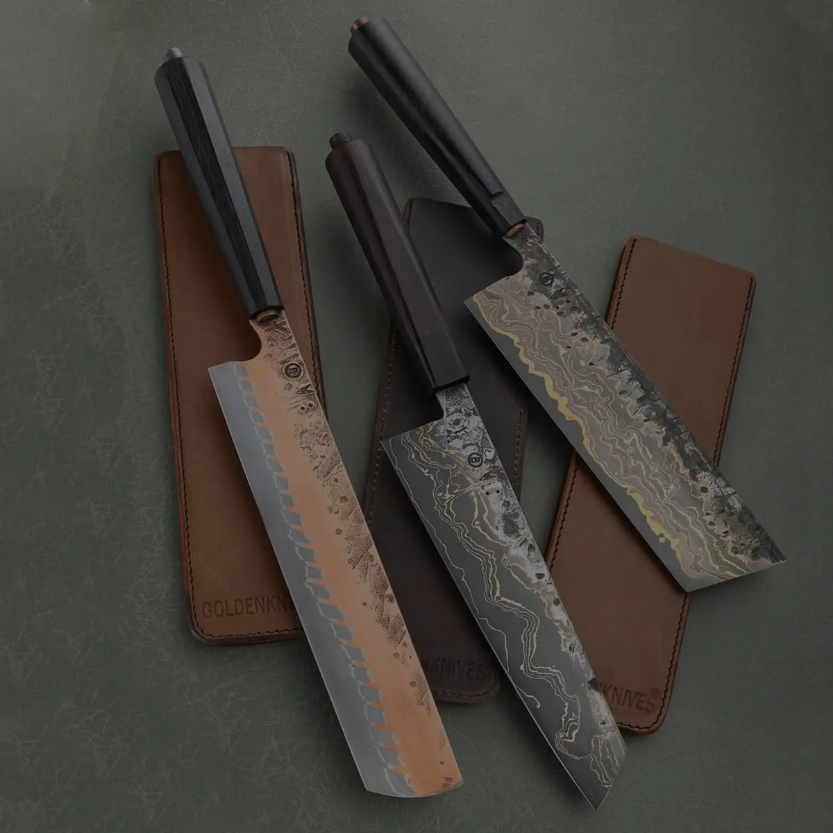 Handmade Damascus kitchen knives with custom leather sheaths from Golden Knives collection