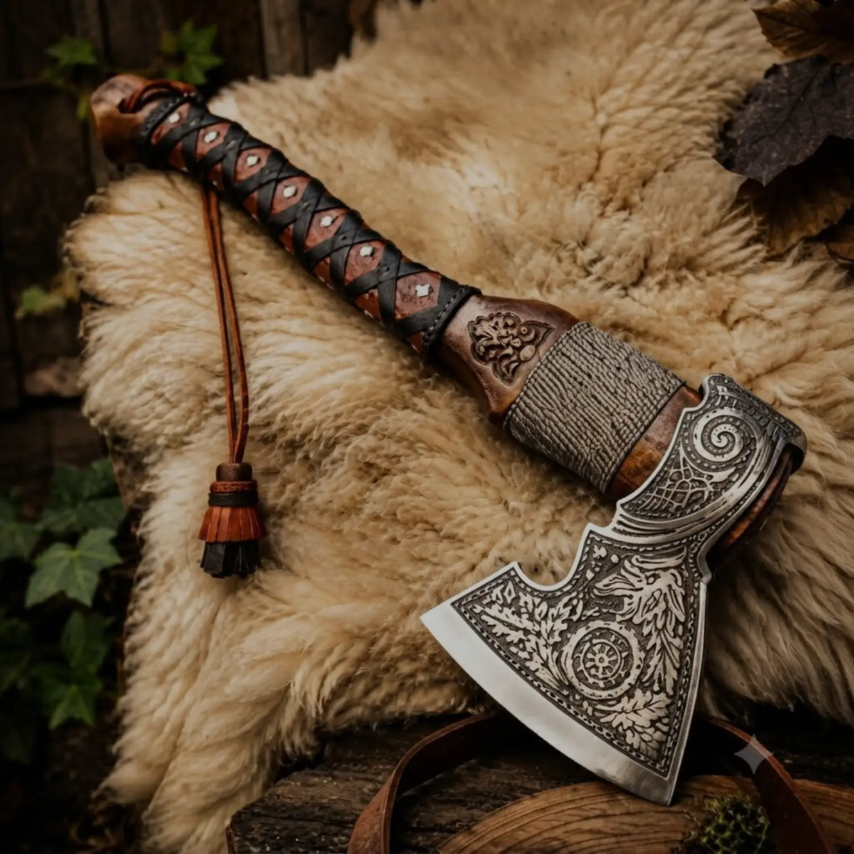 Hand-forged Norse Viking axe with intricate engraved steel head, detailed wooden handle, leather wrap, and tassel, resting on a sheepskin rug.