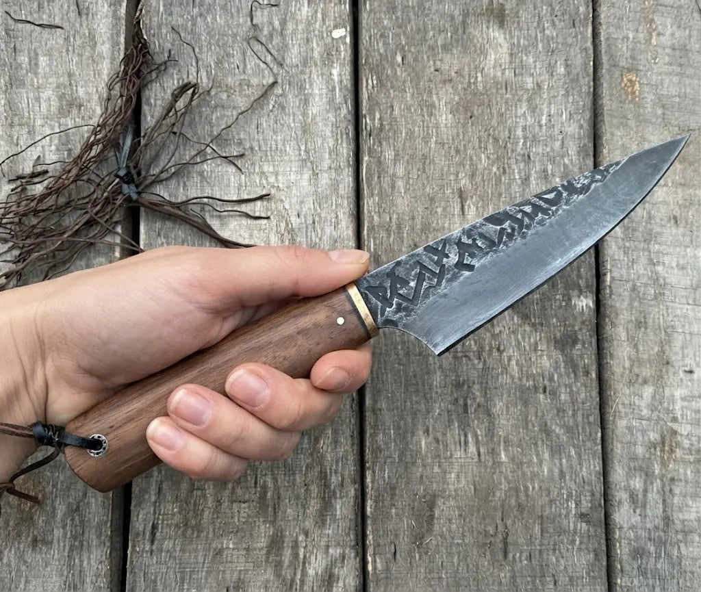 Handmade Chef Knife with Wood Handle and Brass Bolster | Hand Forged Kitchen Knife with Etched Carbon Steel Blade | Gift for Cooks