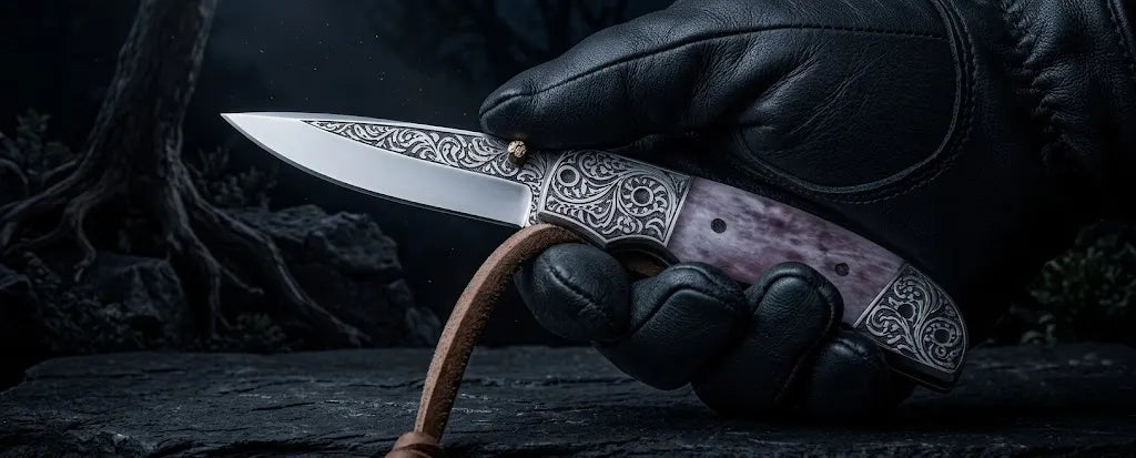 Gloved hand holding open handcrafted engraved pocket knife featuring purple bone handle and scrollwork blade details.
