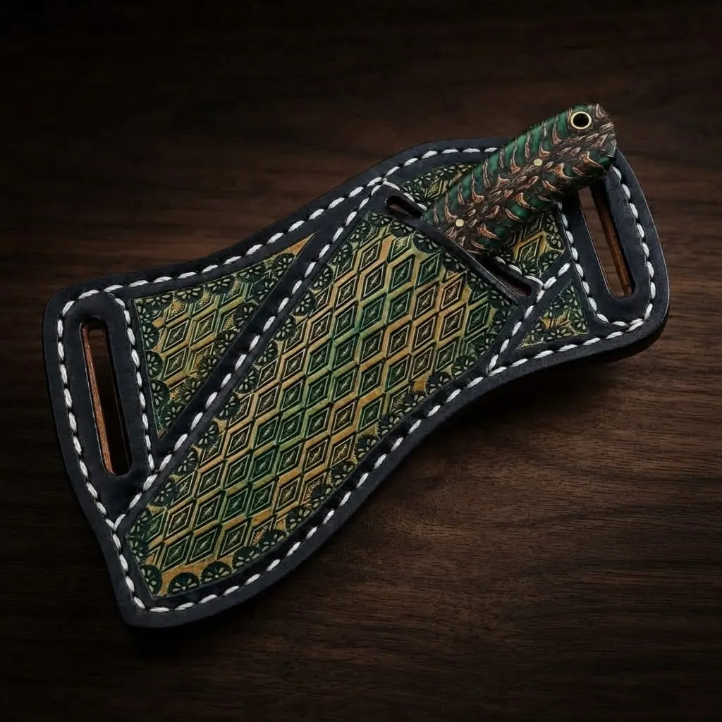 Ponderosa Cowboy Knife | Green Pine Cone Handle | Damascus Blade with Crossdraw Sheath