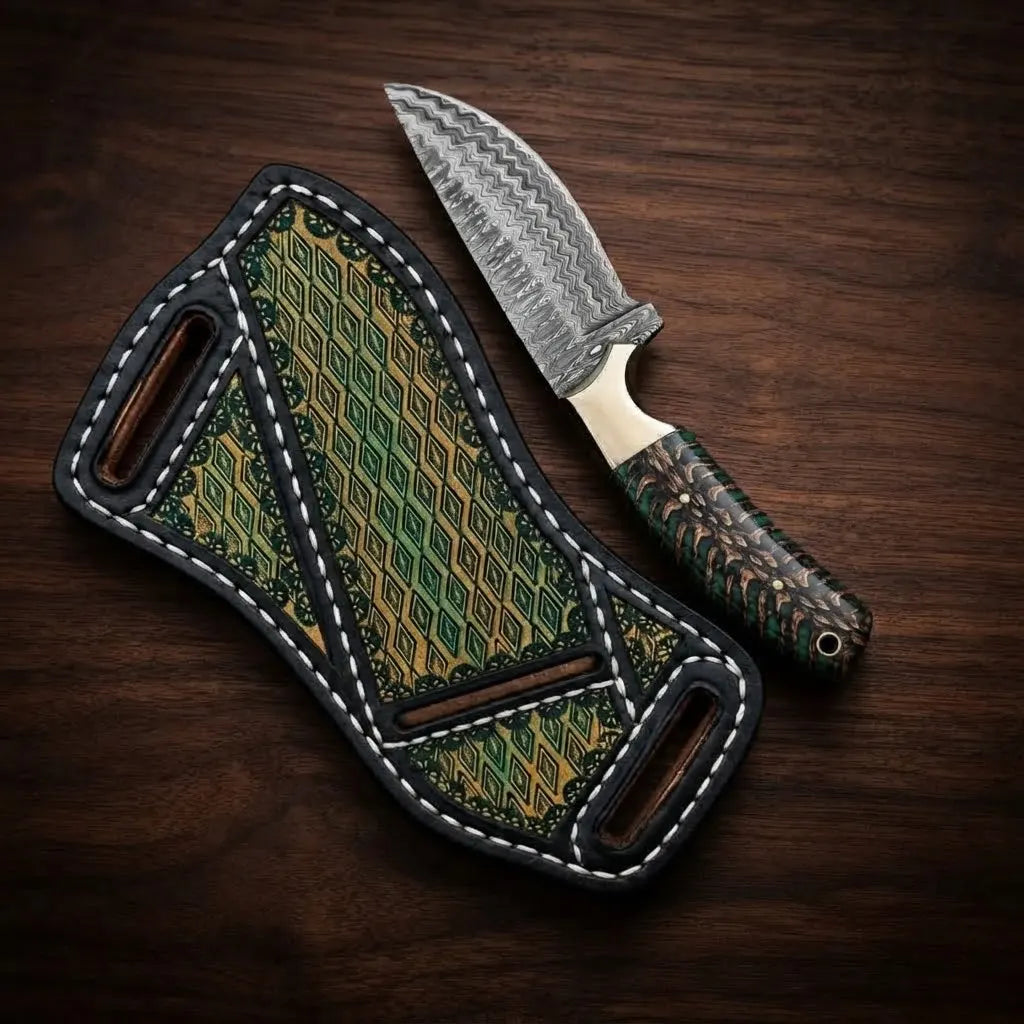 Ponderosa Cowboy Knife | Green Pine Cone Handle | Damascus Blade with Crossdraw Sheath