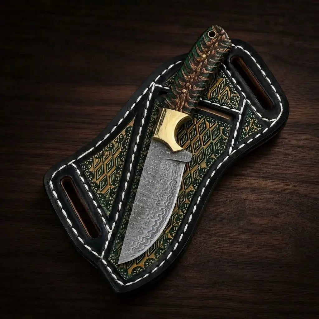 Ponderosa Cowboy Knife | Green Pine Cone Handle | Damascus Blade with Crossdraw Sheath