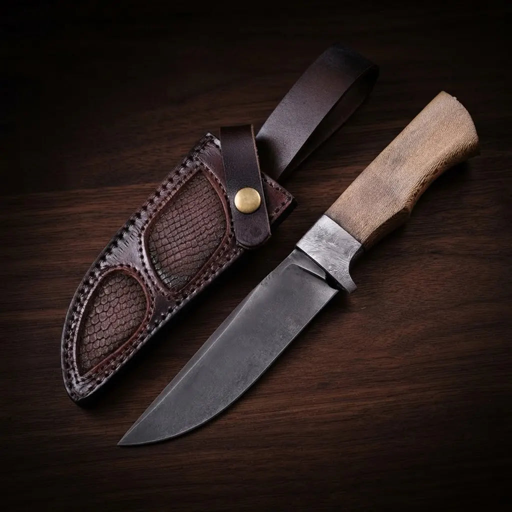 D2 Semi-Tang Hunting Knife with Lacewood Handle