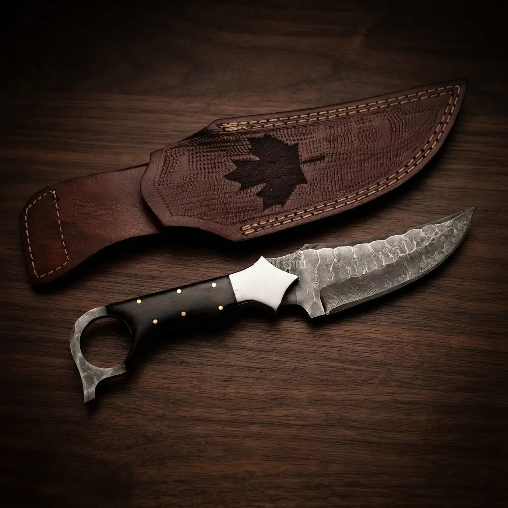 Custom Ringtail Hunting Knife – D2 Blade with Maple leaf Engraved sheath