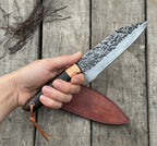 Handmade Chef Knife with Dark Wood Handle and Leather Sheath | Hand Forged Kitchen Knife with Etched Mosaic Blade | Gift for Chefs