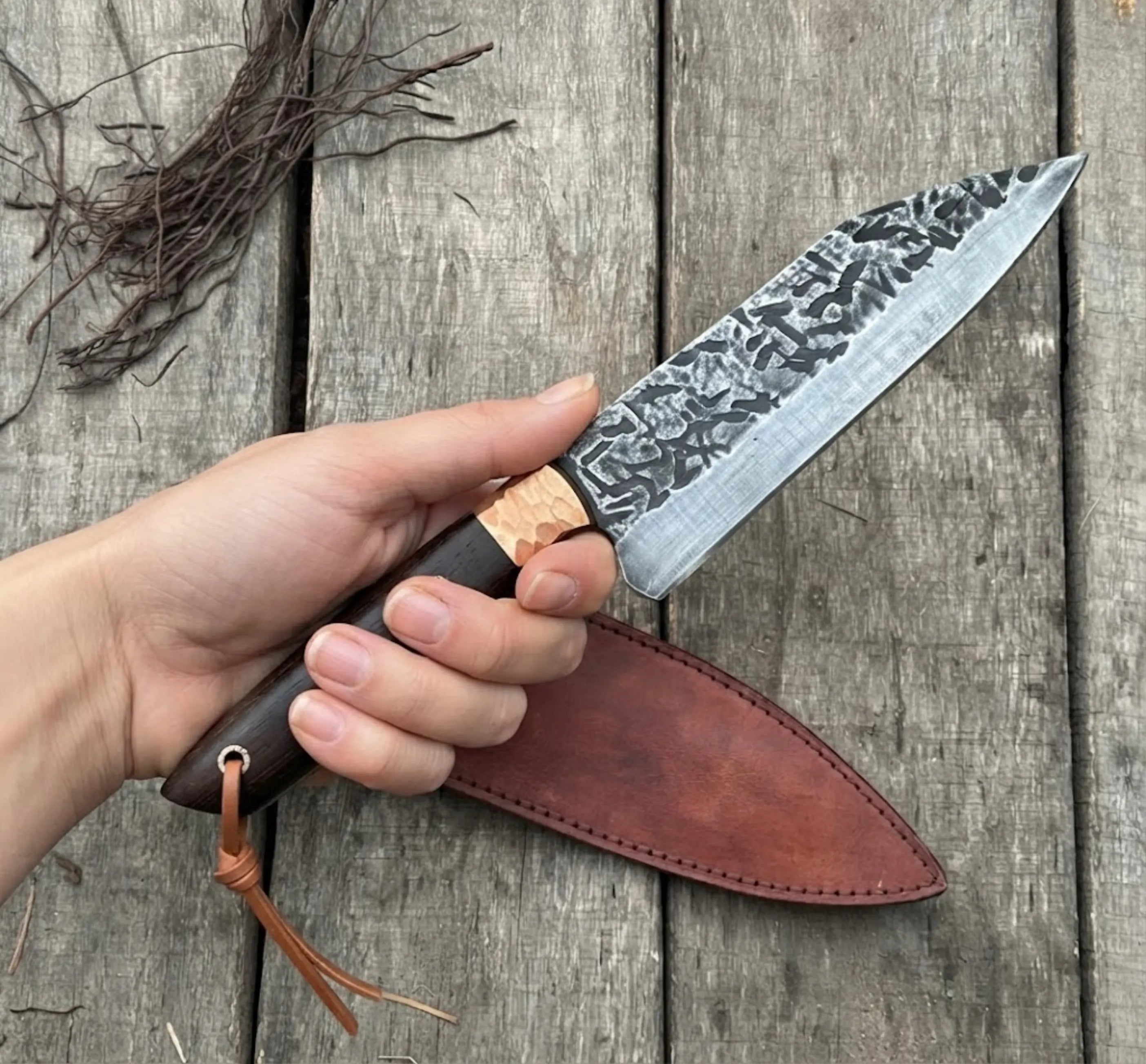 Handmade Chef Knife with Dark Wood Handle and Leather Sheath | Hand Forged Kitchen Knife with Etched Mosaic Blade | Gift for Chefs