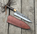 Handmade Chef Knife with Dark Wood Handle and Leather Sheath | Hand Forged Kitchen Knife with Etched Mosaic Blade | Gift for Chefs