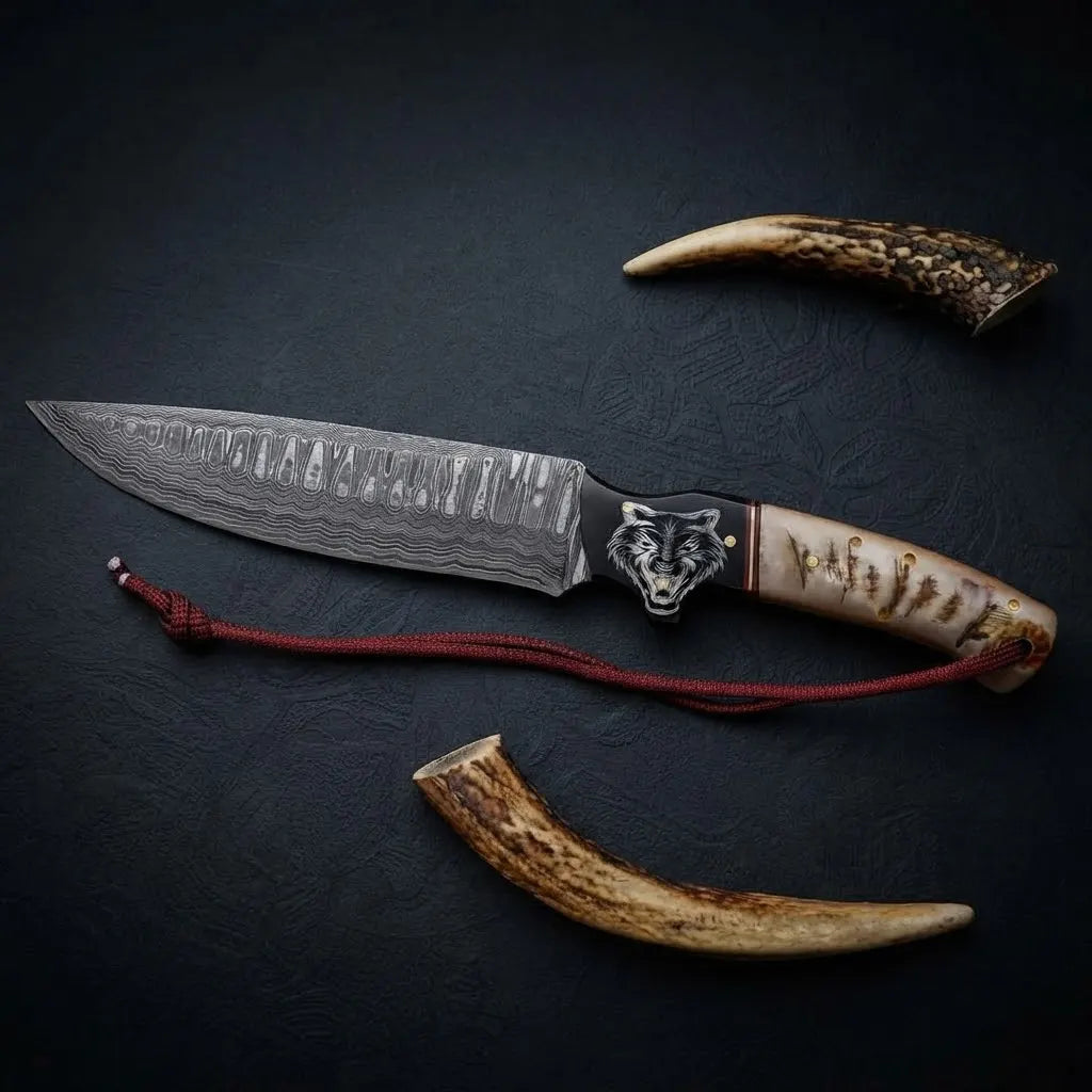 Custom Damascus Hunting Knife with Wolf Engraved Handle – Full Tang Hunter Knife