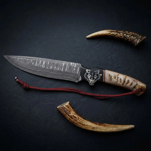 Custom Damascus Hunting Knife with Wolf Engraved Handle – Full Tang Hunter Knife