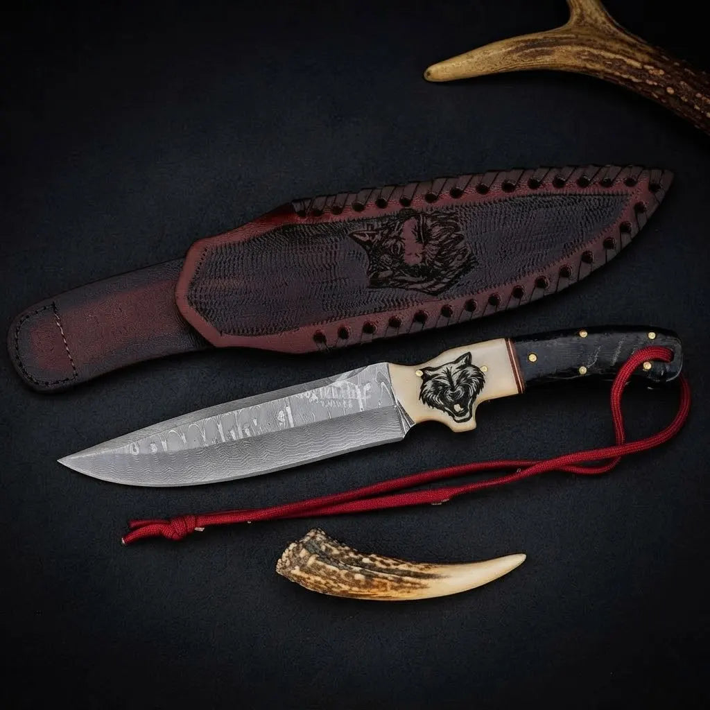 Custom Damascus Hunting Knife with Wolf Engraved Handle – Full Tang Hunter Knife
