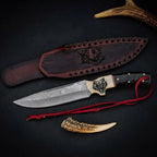 Custom Damascus Hunting Knife with Wolf Engraved Handle – Full Tang Hunter Knife