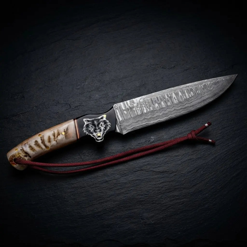 Custom Damascus Hunting Knife with Wolf Engraved Handle – Full Tang Hunter Knife