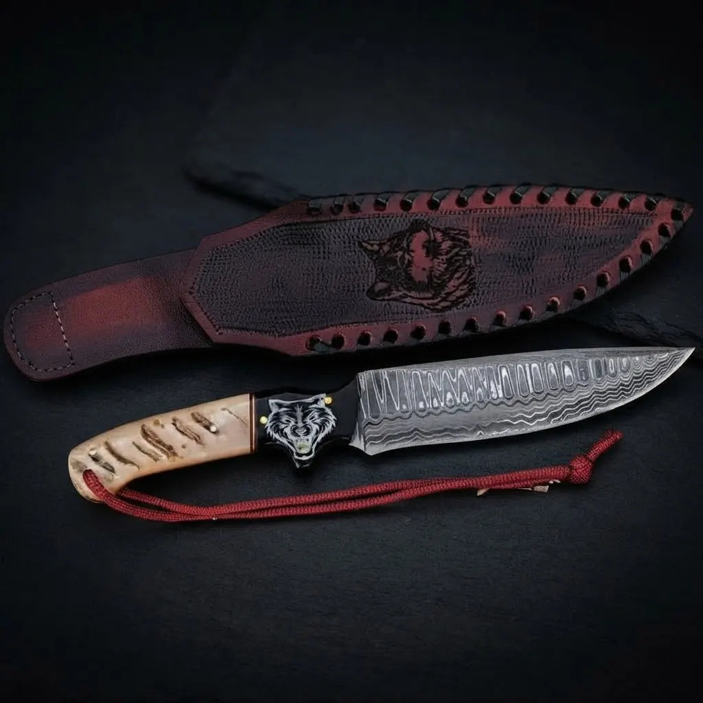 Custom Damascus Hunting Knife with Wolf Engraved Handle – Full Tang Hunter Knife