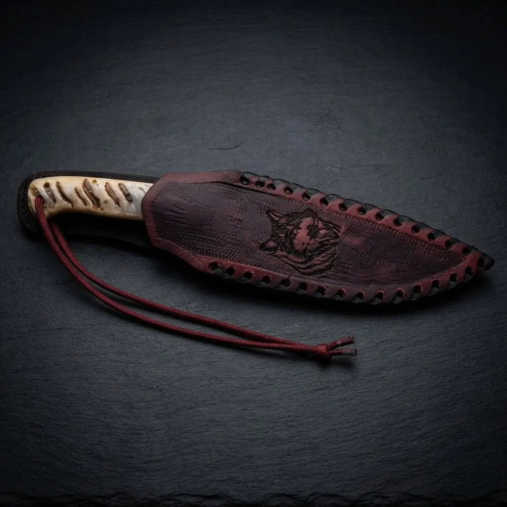 Custom Damascus Hunting Knife with Wolf Engraved Handle – Full Tang Hunter Knife