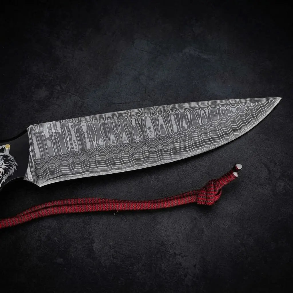 Custom Damascus Hunting Knife with Wolf Engraved Handle – Full Tang Hunter Knife