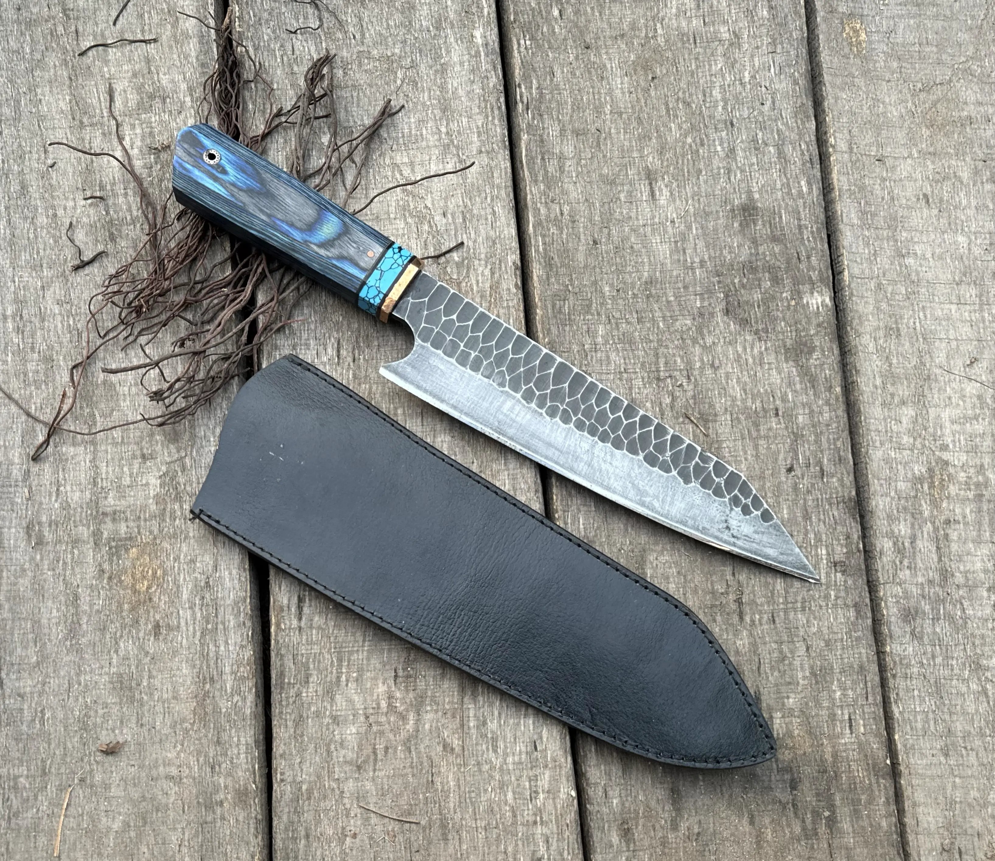 Handmade Chef Knife with Blue Resin Wood Handle and Turquoise Accent, Hand Forged Kitchen Knife with Leather Sheath