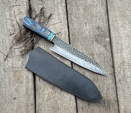 Handmade Chef Knife with Blue Resin Wood Handle and Turquoise Accent, Hand Forged Kitchen Knife with Leather Sheath