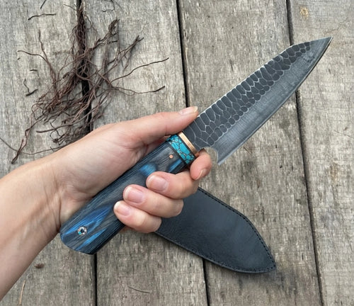 Handmade Chef Knife with Blue Resin Wood Handle and Turquoise Accent, Hand Forged Kitchen Knife with Leather Sheath
