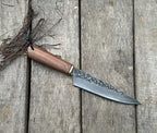 handmade-chef-knife-wood-handle-brass-bolster-etched-carbon-steel-blade.