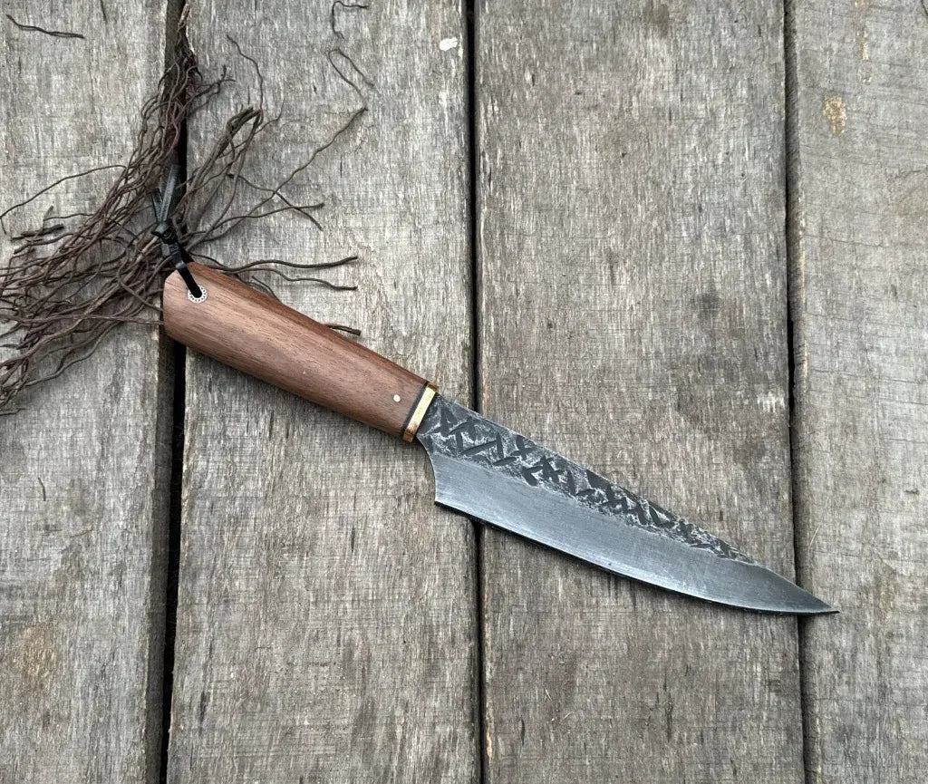 handmade-chef-knife-wood-handle-brass-bolster-etched-carbon-steel-blade.