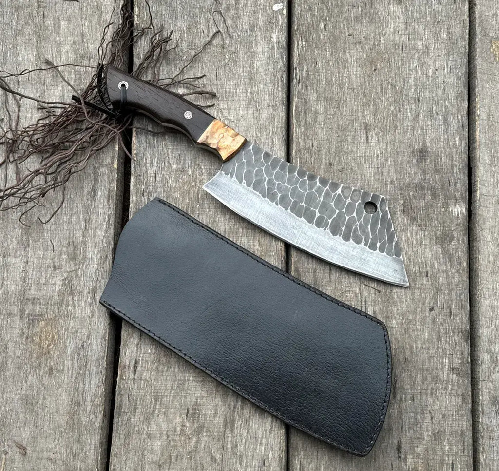Handmade Cleaver Knife with Wood Handle and Leather Sheath, Hand Forged Kitchen Cleaver with Etched Blade