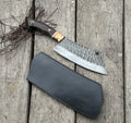 Handmade Cleaver Knife with Wood Handle and Leather Sheath, Hand Forged Kitchen Cleaver with Etched Blade