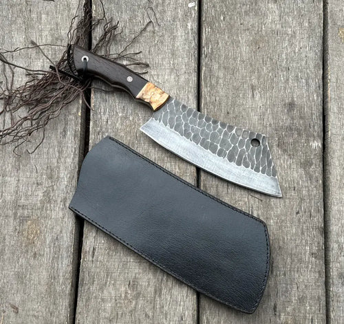 Handmade Cleaver Knife with Wood Handle and Leather Sheath, Hand Forged Kitchen Cleaver with Etched Blade