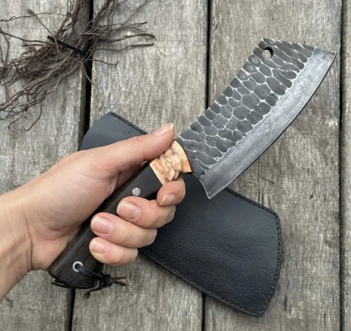 Handmade Cleaver Knife with Wood Handle and Leather Sheath, Hand Forged Kitchen Cleaver with Etched Blade
