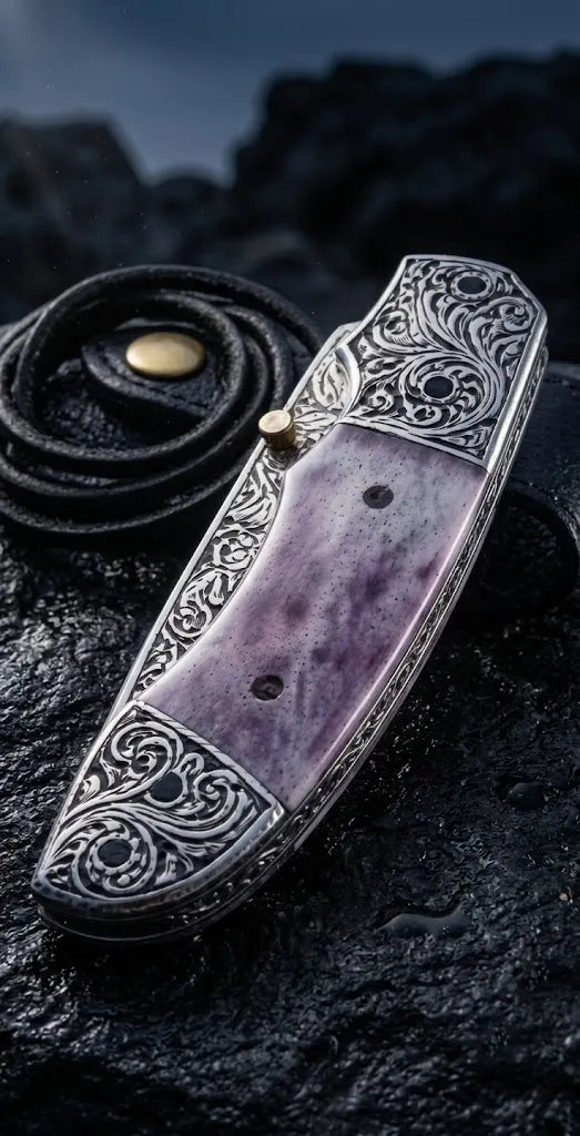 Closed view of a handcrafted engraved folding pocket knife showing detailed scrollwork bolsters, natural purple-stained bone handle scale, brass thumb stud, and rolled leather strap on dark stone.