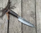 Handmade Santoku Knife with Dark Wood Handle and Brass Bolster, Small Hand Forged Kitchen Knife