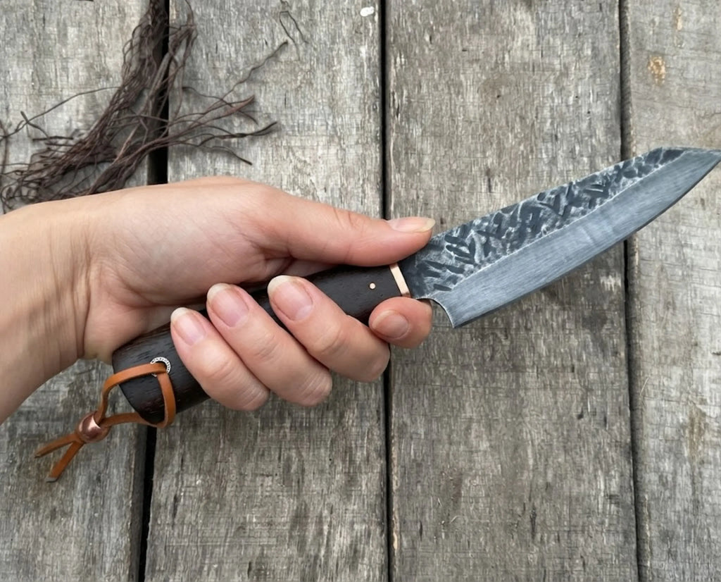 Handmade Santoku Knife with Dark Wood Handle and Brass Bolster, Small Hand Forged Kitchen Knife