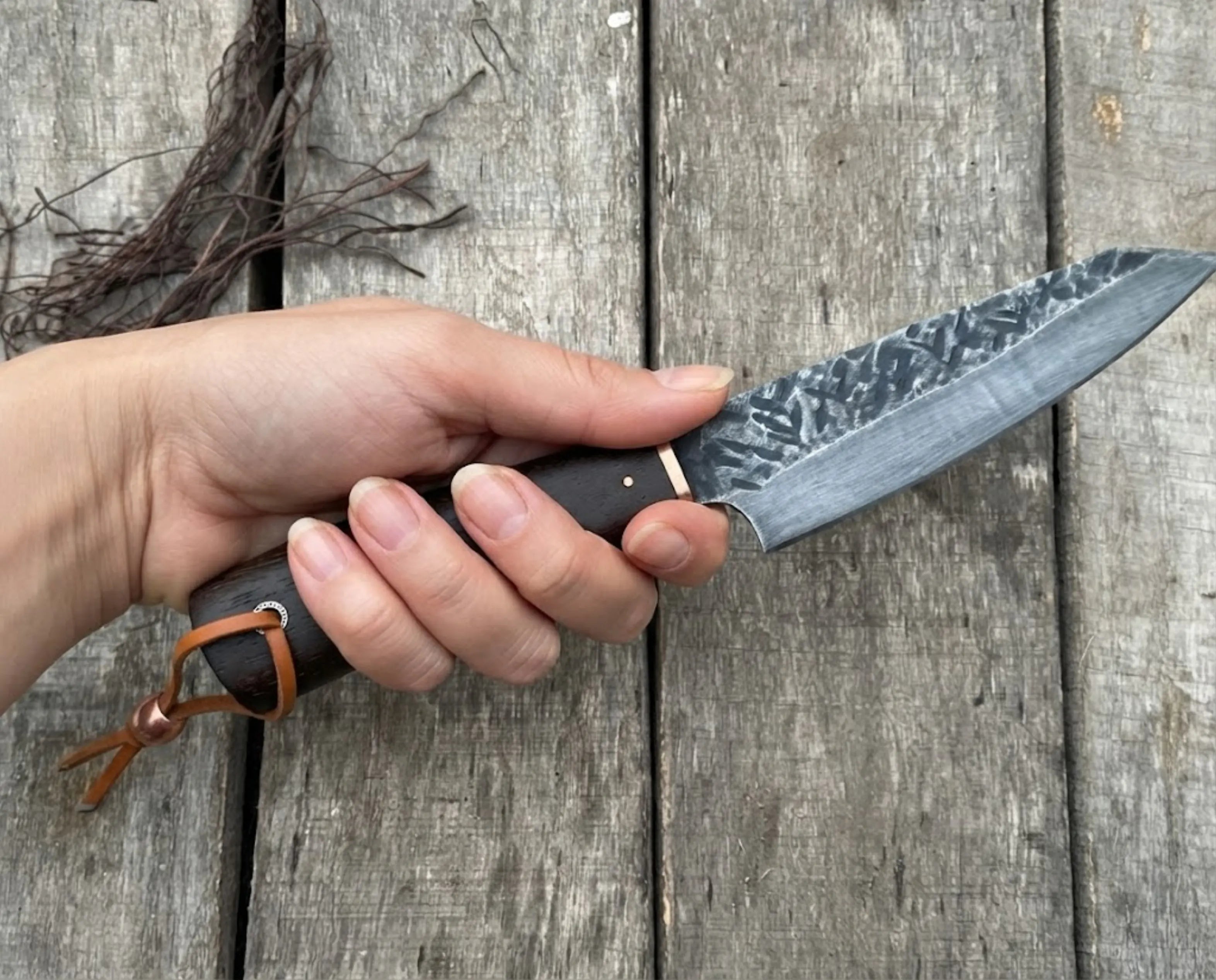 Handmade Santoku Knife with Dark Wood Handle and Brass Bolster, Small Hand Forged Kitchen Knife